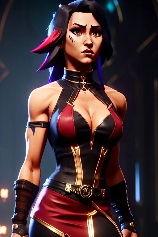 j.scott campbell, serena from mortal kombat, full head to toe portrait, lathe build, wearing black and red mini skirt, thigh high boots and crop top, big eyes, eyes are both in proportion, 3/4 look, long black hair with red streak, small up turned nose, large breasts, small waist, round butt, standing, dark cobblestone alley, one halo white light behind head, non photorealistic rendering