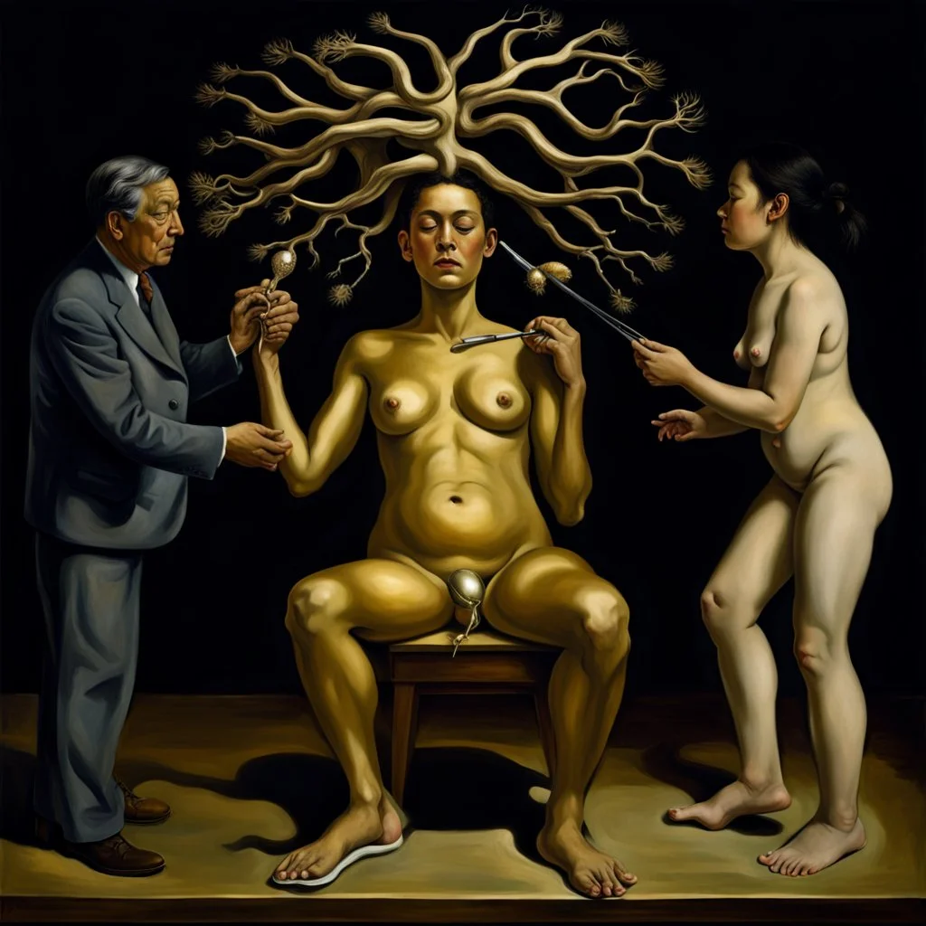 a huge golden brain supported by very small beautiful Asian female human bodies, complex surgical instruments mix a newborn boy between light and shadow, surrealism, symbolism, minimalism, sculpture by Lucian Freud, Rene Magritte, Salvador Dali