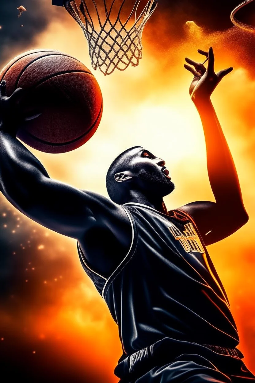 8k, highly realistic and detailed image of a NBA basketball player in action dunking the ball in the net, sweaty hair, screaming look,action and smoke and flames background