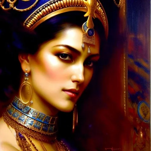 portrait beautiful face queen of Sheba ,busty,medieval metal armor balanciaga fashion clothe painting by gaston bussiere, greg rutkowski, yoji shinkawa, yoshitaka amano, tsutomu nihei, donato giancola, tim hildebrandt, oil on canvas, cinematic composition, extreme detail,fit full head inside picture