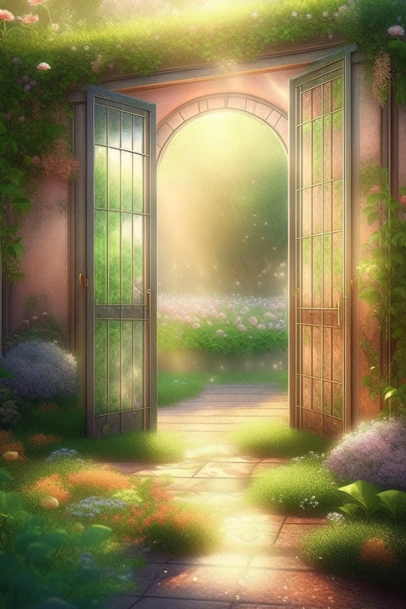 An open door to a beautiful summer garden, ,complex, amazing, magical gentle, sparkling dew drops, dawn, magically, in pastel transparent tones, hyperrealistic, beautiful, lumen, professional photo, 3d, 64k, high resolution, hyperdetalization, hyperrealism, f16,1/300s, highly detailed digital painting, bright, juicy, photorealistic painting, solar illumination in the background, bright lighting, aesthetically pleasing, beautiful, clarity of contours