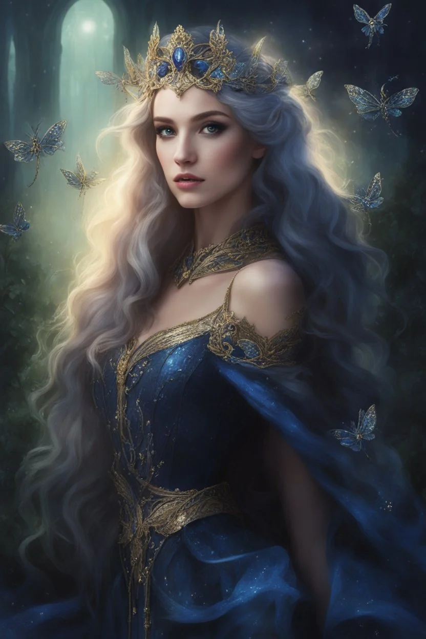 Midnight blue,Dark blue hair,night,dark fairy princess ,elven crown,elven ears,sparkle,glitter,lillies of the valley,gold armor,dragonflies,rapunzel hair