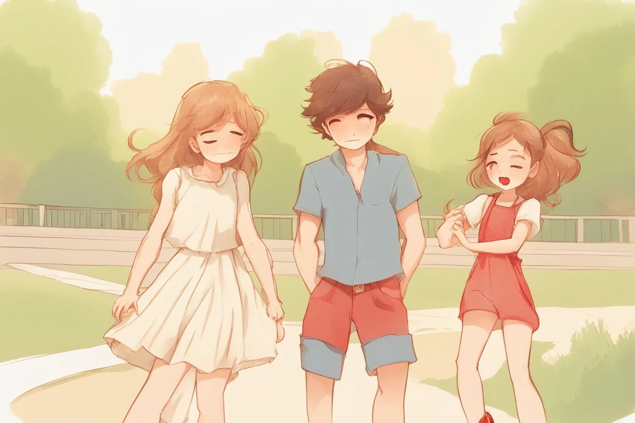 a cute chibi spanish man with short curly brown hair cropped at the back in yellow T-shirt and jeans with a cute chibi contented girl with long brown hair and brown eyes in a red elegant jumpsuit and red high heels, and a chibi girl with blonde brown hair in a beige dress dancing dynamically in Madrid in the Retino park, in the moonlight, ethereal, cinematic postprocessing, airplane in the sky