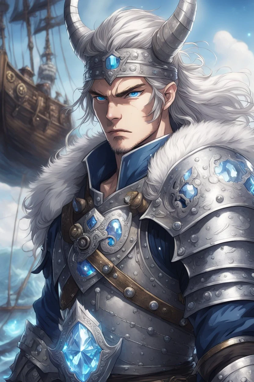 1man warrior in anime style, with blue eyes wearing silver Vikings armor with a blue crystal on his chest with a battle axe on the pirate ship, anime, anime style