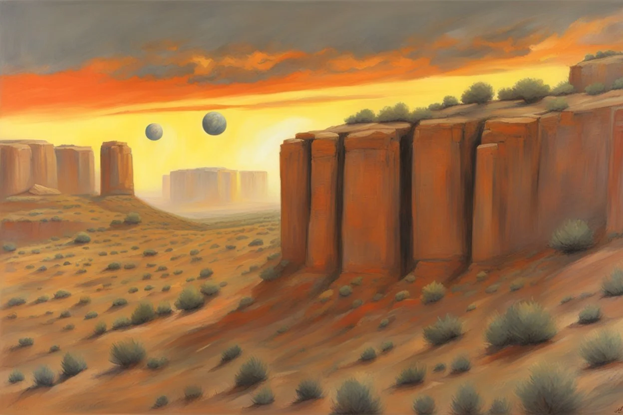 Grey sky, planet in the sky, rocks, cliffs, sci-fi, rocky arid land, 90's sci-fi movies influence, rodolphe wytsman and friedrich eckenfelder impressionism paintings