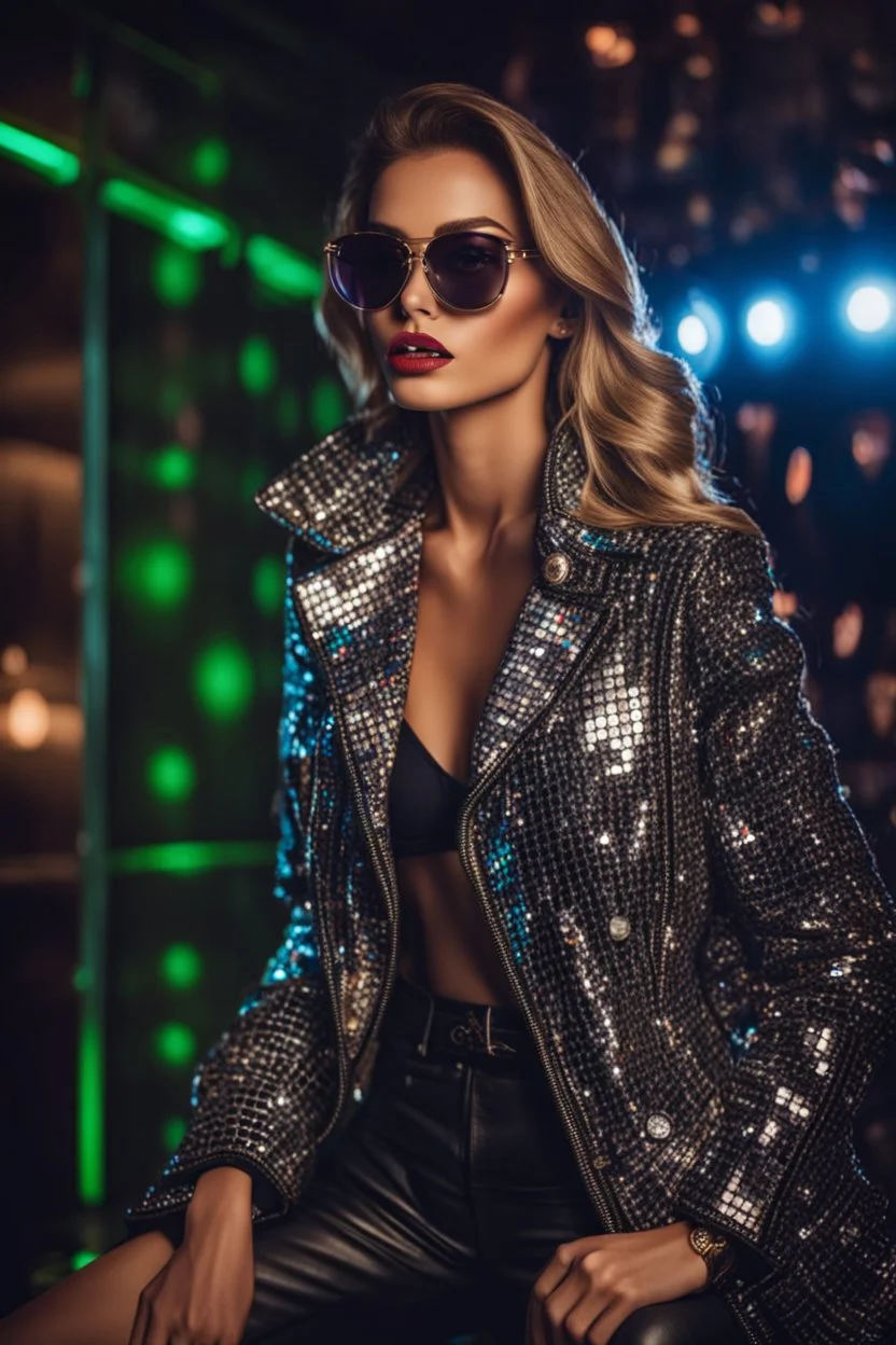 Full body Real photography beautiful woman super model European on fashion style dressing luxury jacket diamonds patterns,sunglasses,turn on music DJ player in disco club