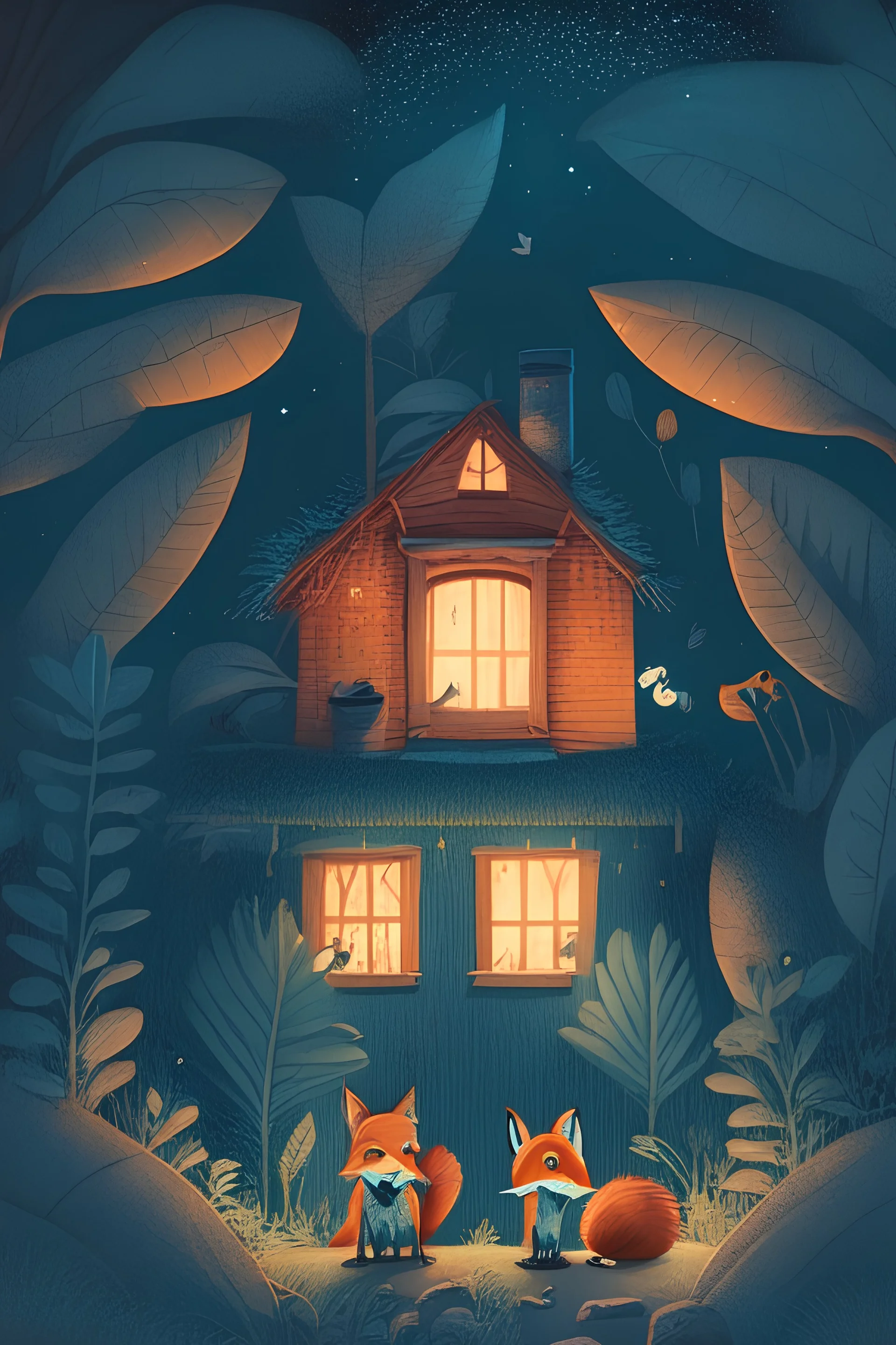 illustration of fox's family in front of a little house at night in the jungle