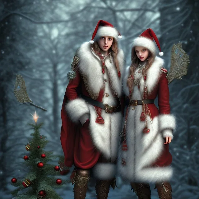 two elves. woman and man. Christmas scene. photorealistic. low-key