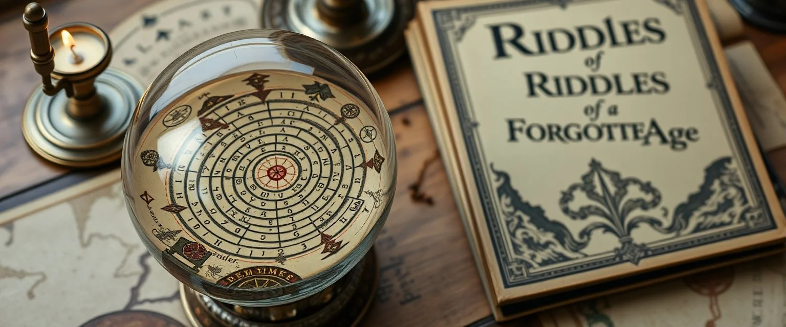 map of labyrinth contained in a glass ball with elemental sigils and symbols on a table beside a book called Riddles of a Forgotten Age