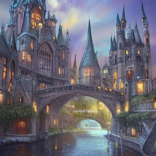 A magical gothic canal city of wizards, witches and warlocks with a castle Nick Harris style