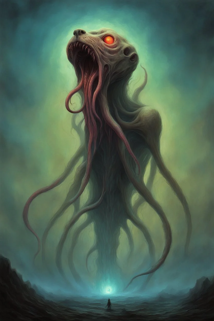 A alien hound, tentacles for mouth,,emerging from weird angle,otherworldly anatomy,glowing with alien energy,in the style of Zvidslav Beksinski