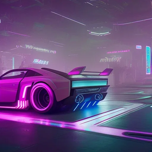 cyberpunk hyper car,cyberpunk 2077, ultra realistic,shiny, smooth, studio quality, octane render, Surrealism, Triadic colour scheme,glow-stick, ambient lighting,nightclub lighting, polaroid, 100mm, --ar 3:2 --v4