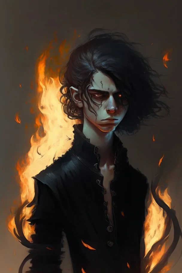 Boy with wight hair and black clothes and power fire