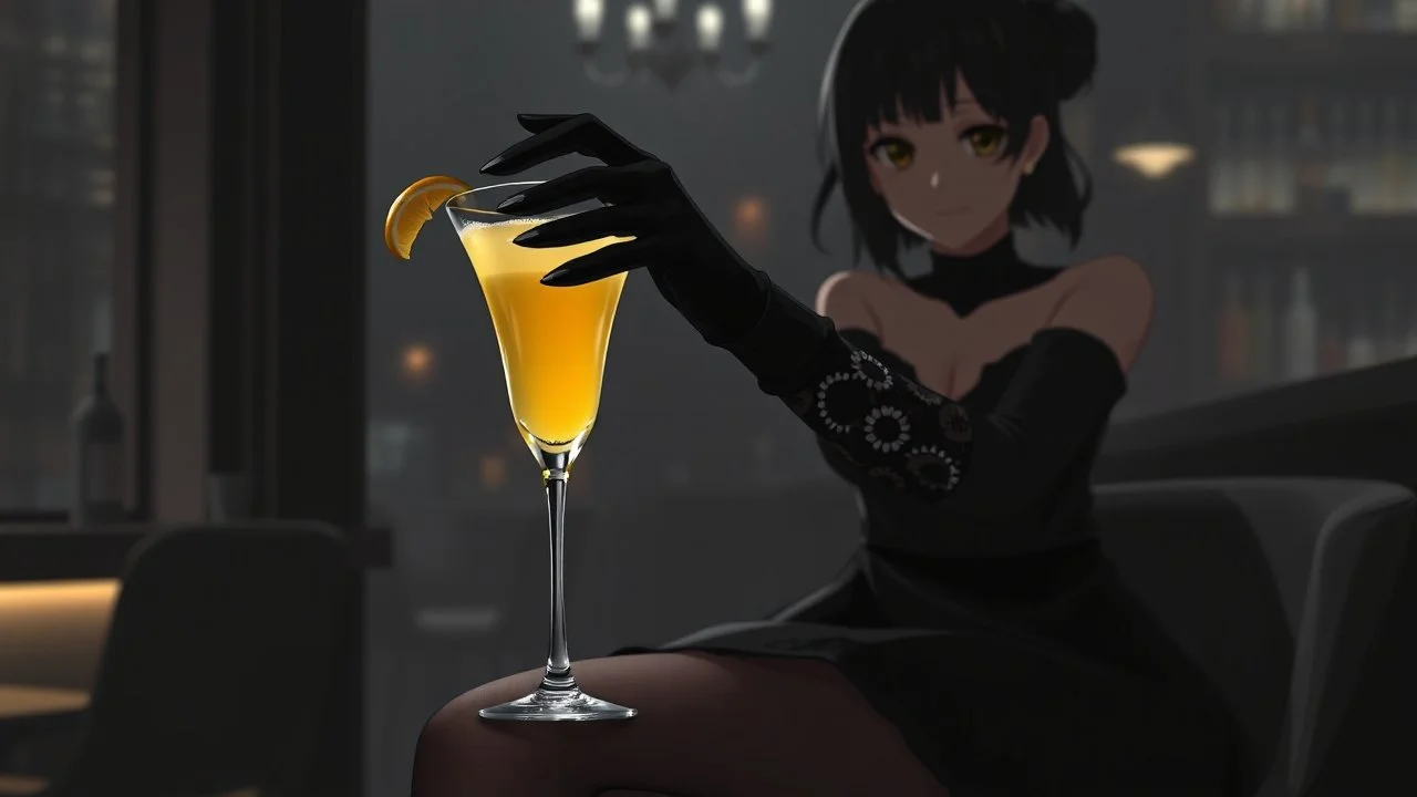 midle close up gray-toned, contrasting graphics, a lady in a black casual dress, black lace nice nylon stockings sitting on a bar chair in bar, holding a yellow mimosa cocktail in her long black gloved hand, atmospheric, strong contrasts, shadowy background, focus on the hand holding the cocktail, moody, pale ligts, anime style, cinematic