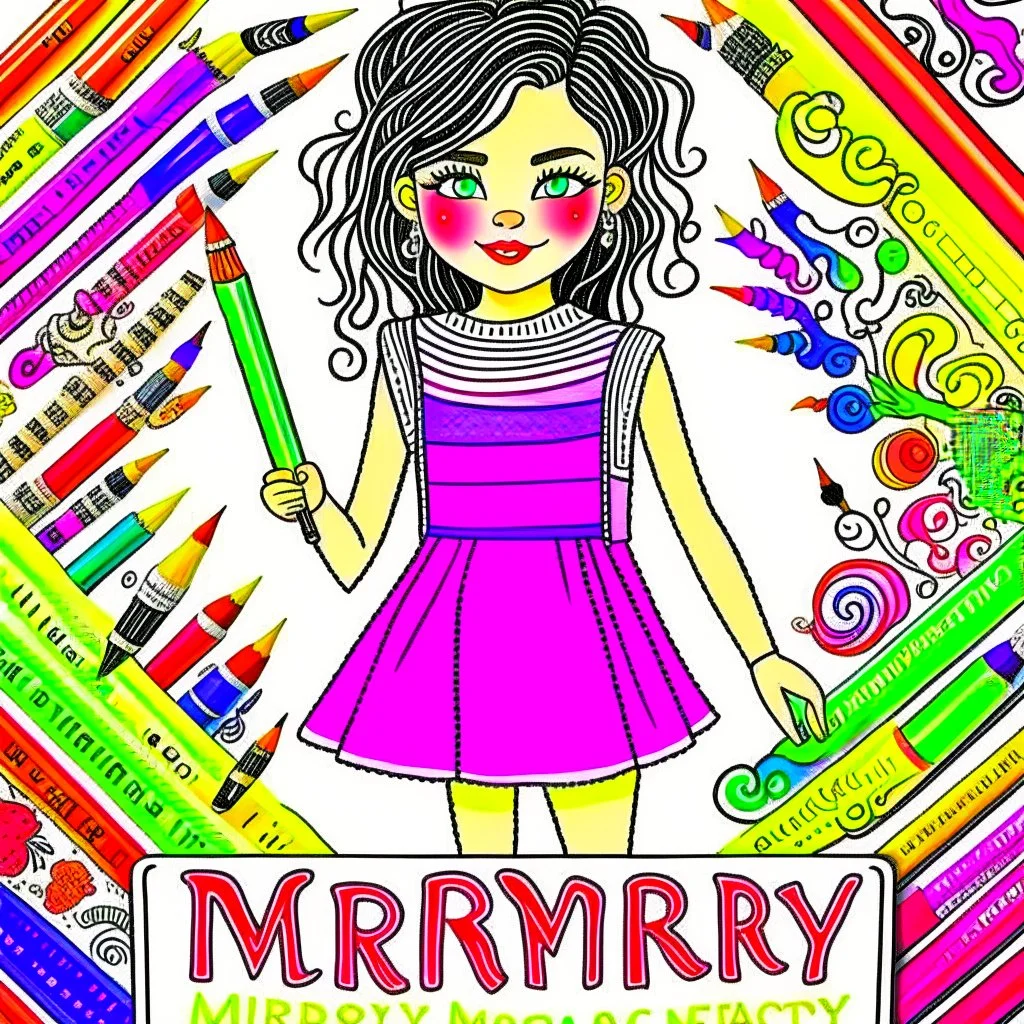 An image featuring Mercy, a spirited young girl with a passion for drawing. At the top of the image, the words "Mercy G Arts, The Pencil Lady" are elegantly displayed in artistic font, surrounded by colorful pencils and sketches. Mercy herself is captured in her element, surrounded by an array of colorful pencils and sketchbooks. With focused determination, she brings her imagination to life on paper, creating intricate worlds and characters.