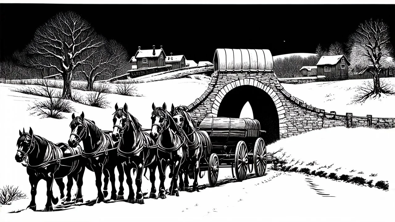 Vintage, black and white illustration depicting a winter scene with a covered wagon crossing a stone bridge. The wagon is drawn by a team of six horses, trudging through the snow. The bridge is arched and made of stone, with a rustic wooden railing on one side. The landscape is barren with leafless trees and snow-covered ground. In the background, there are small, snow-covered houses. The sky is dark, suggesting either dusk or a cloudy day. The image has a detailed, textured style typical of cla