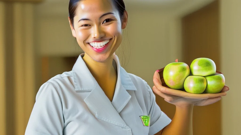 hotel housekeeping smiling holding small apple airbuds