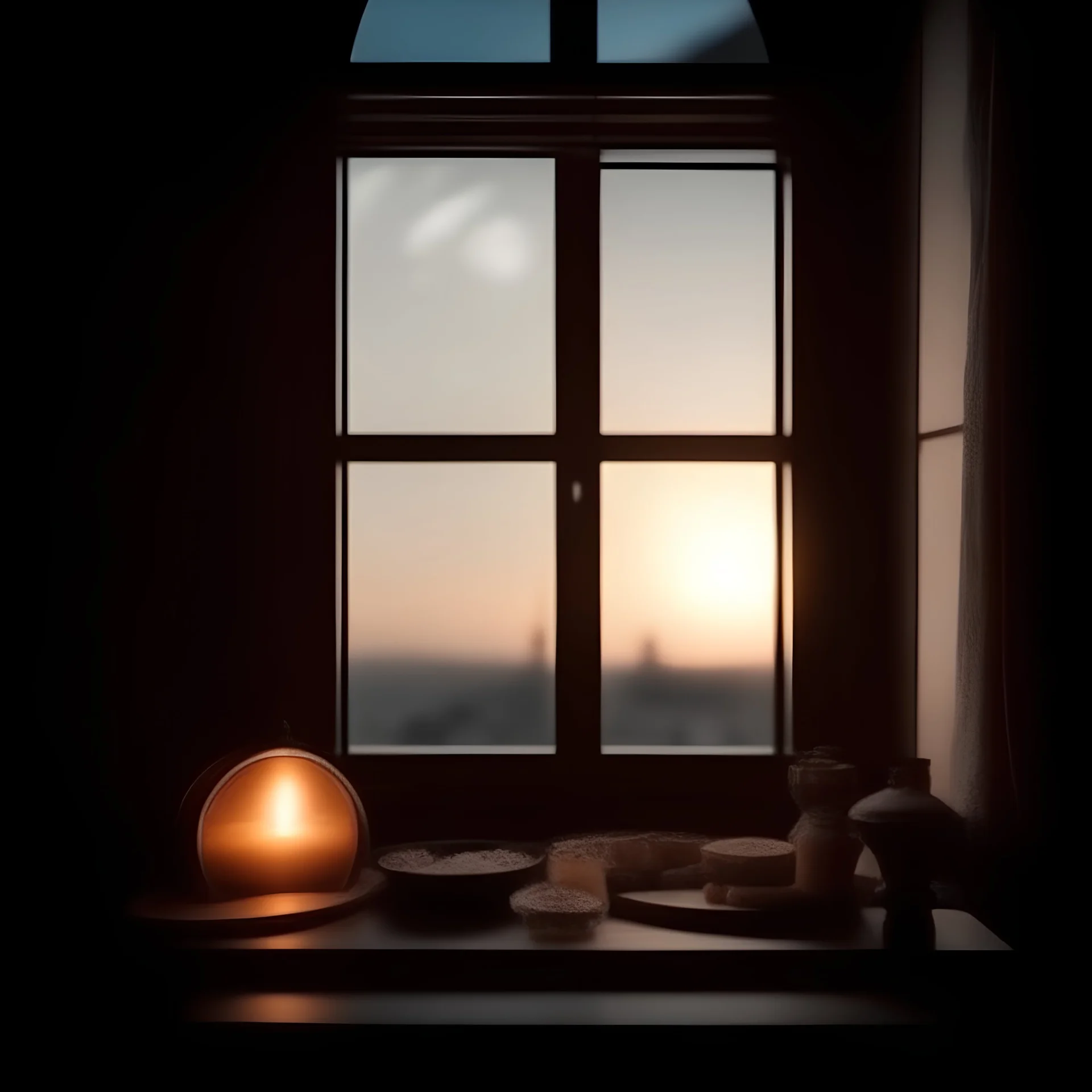 Ramadan Beautiful View Of Food in home, lantern, half Moon in the background sky through window, no people