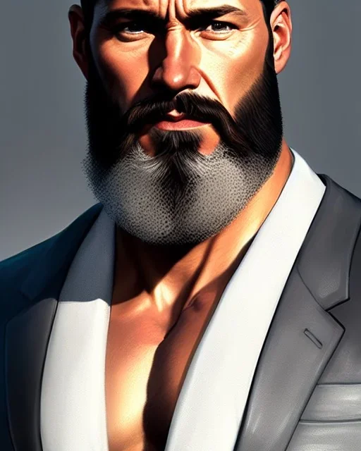 "MIddle aged white human male, with a trimmed but uneven beard, piercing eyes with slick back hair, full-scale head and shoulders portrait, 8k resolution concept art portrait by Greg Rutkowski, Artgerm, WLOP, Alphonse Mucha dynamic lighting hyperdetailed intricately detailed Splash art trending on Artstation triadic colors Unreal Engine 5 volumetric lighting Splash art fantasy"