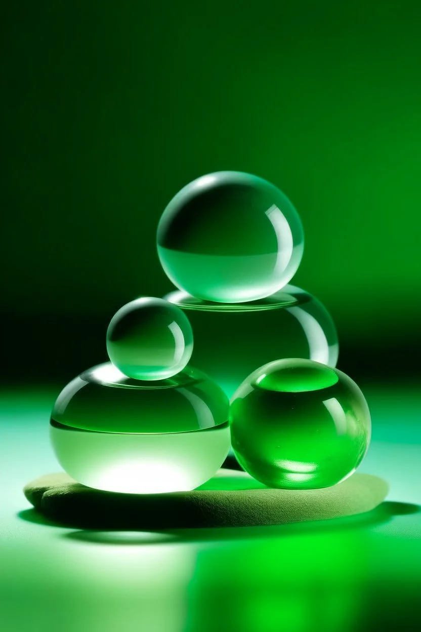 large and small glass balls on stones balance on top of each other, light green background, bright glow