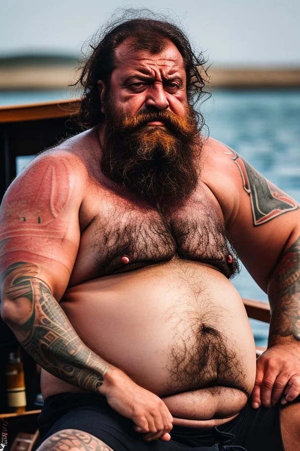 close up photography of an ugly burly chubby turkish fisherman relaxing sunbathing sitted in a small fischer wooden boat , tattoo, ugly, 34 years old, long beard, bullneck, muscular, angry eyes, photorealistic, 35mm lens, Canon EOS, 8k