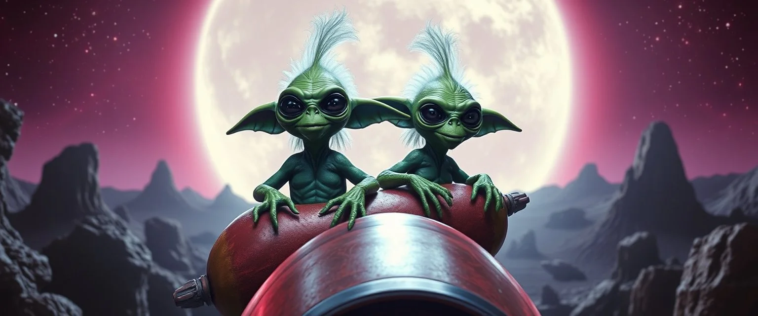 hairy macho gremlin aliens living in a hot dog rocket heading for venus