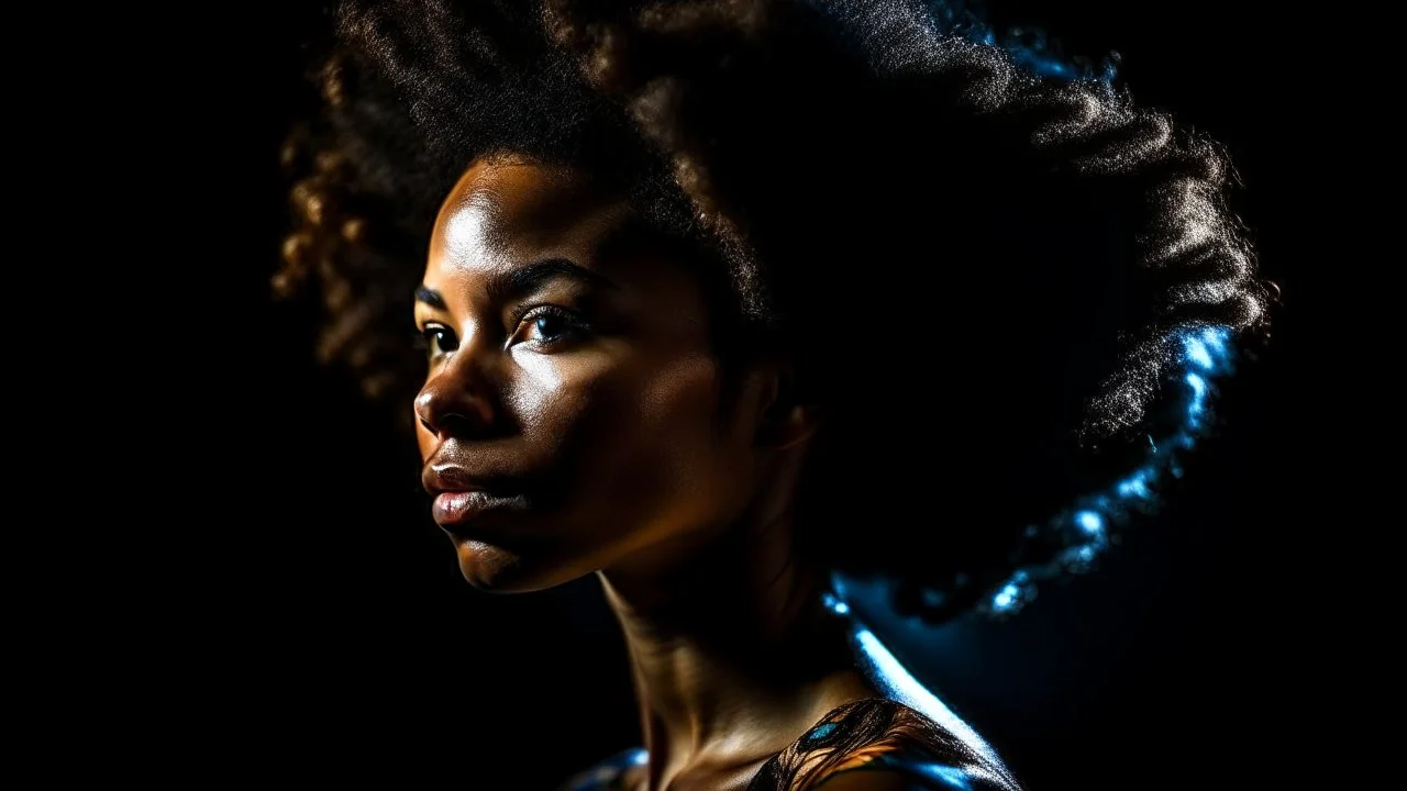 ((best quality)), ((masterpiece)), ((detailed)), Exquisite, 8K, Astounding, Woman, Afro-Latina, African diaspora, Afro-Latinx, Photograph, Photo, Capture, Dramatic lighting, High contrast illumination, Theatrical lighting, Intense lighting, Sharp from front to back, Extended depth of field