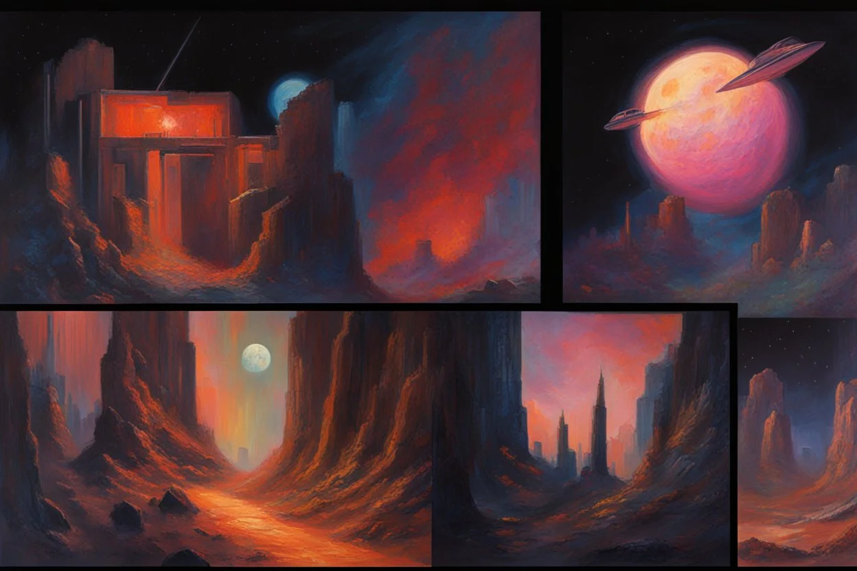 Night, mountains, rocks, 90's sci-fi movies influence, rodolphe wytsman impressionism paintings