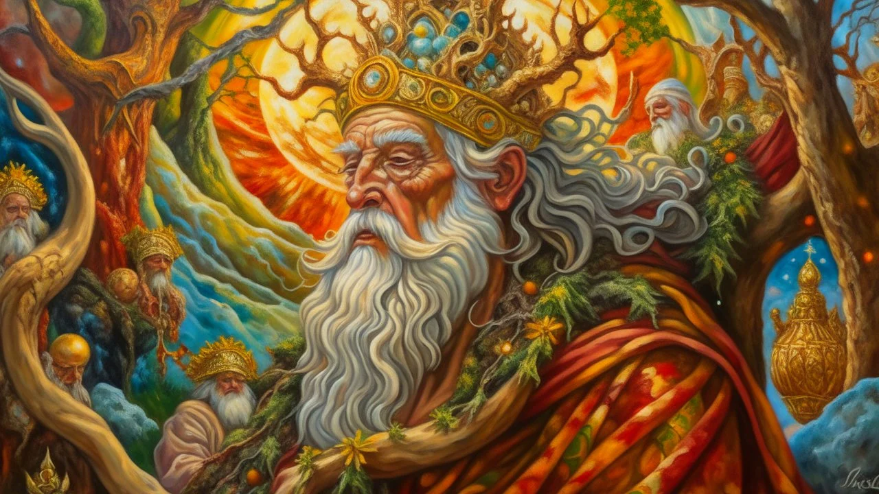 oil painting, Methuselah, majestic, festive, divine, beautiful composition, exquisite detail