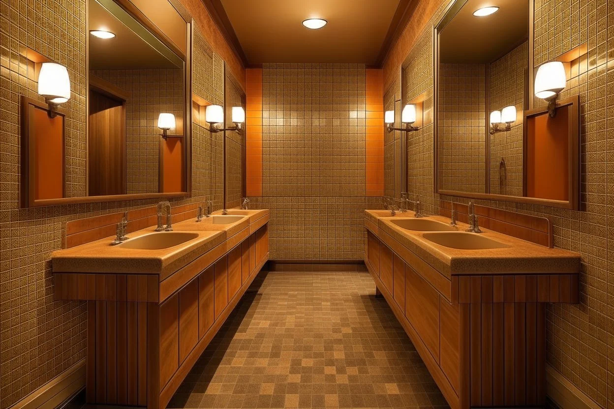 Pictures of a group of bathrooms in Mathaf Restaurant. The walls and floors are in brown tones, and the sinks are on one wall.