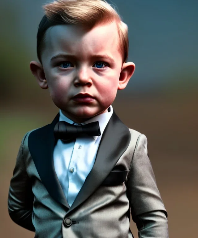 James bond toddler, full body, gun, car, dramatic lighting, hyper realistic