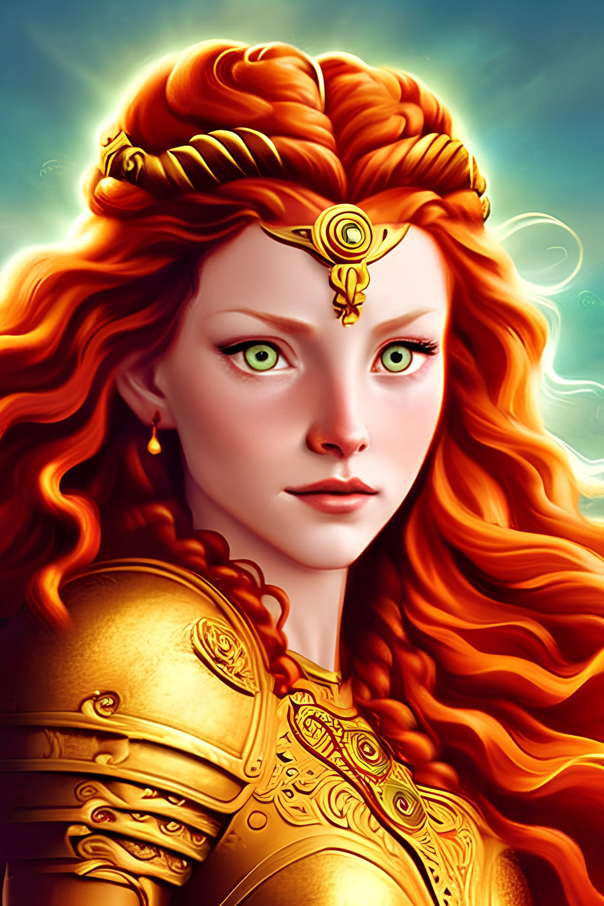 warrior queen with wavy red hair, gold armour, and bright green eyes