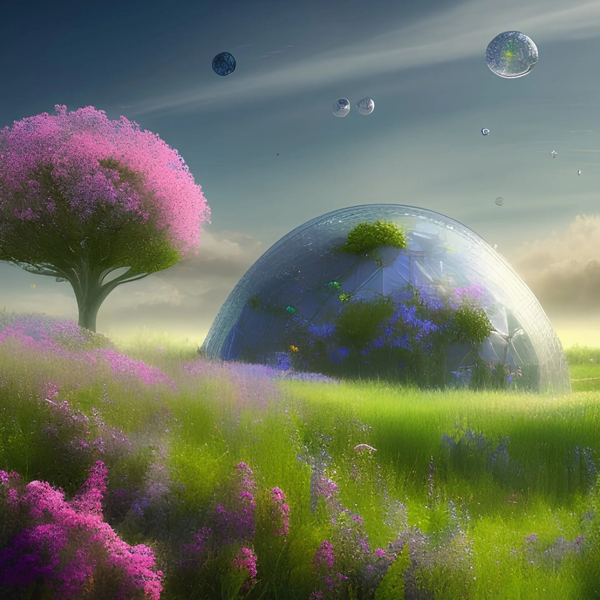  futuristic dome in the countryside on another planet, green plants, flowers, big trees blue sky, pink, blue, yellow soft lights