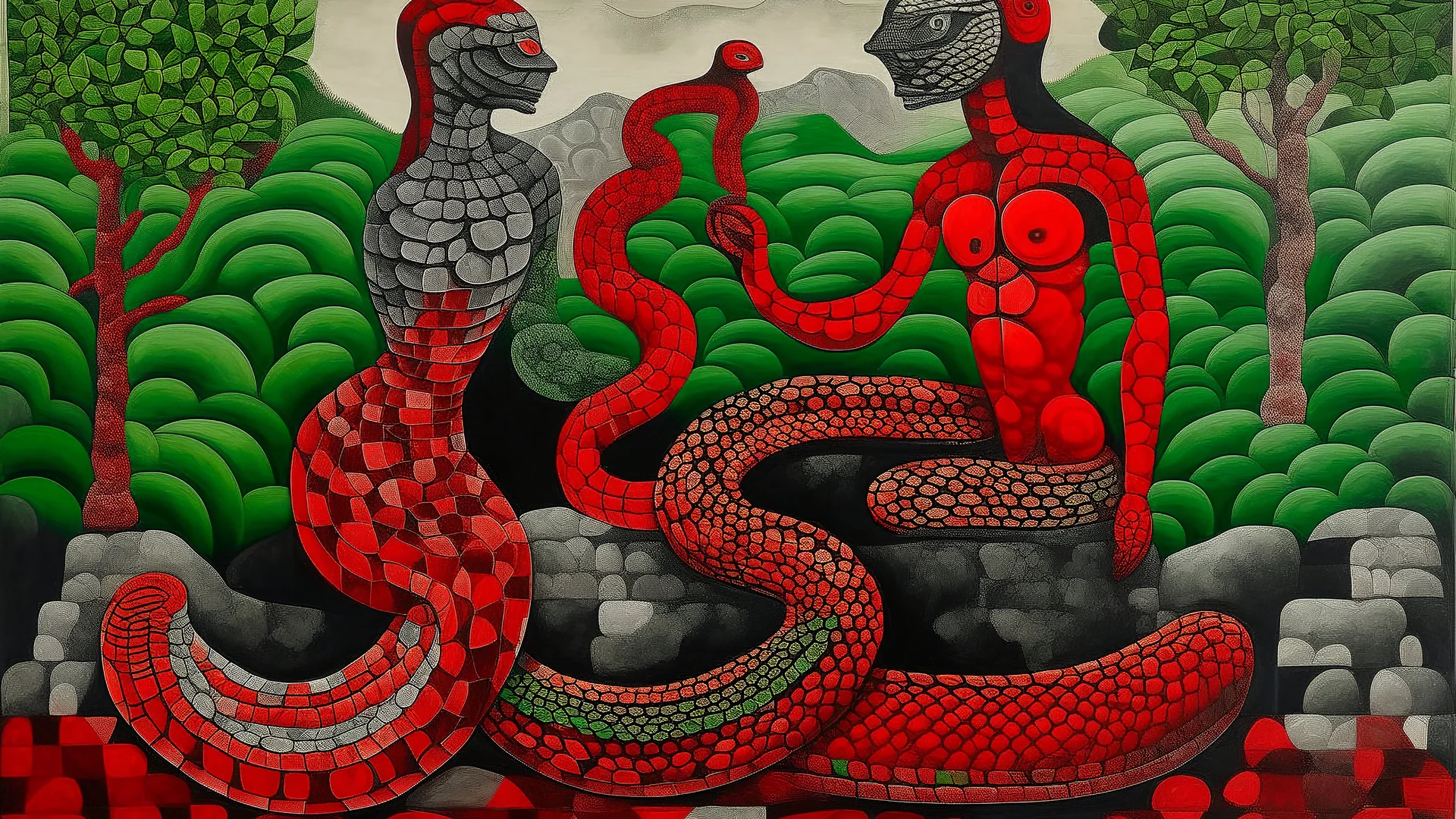 The image features two large stone-like structures with abstract human forms carved into them. A serpent, characterized by its red and black coloration, slithers between the two figures. One side includes an apple, and the other displays a leaf, adding organic elements to the otherwise rigid and surreal setting. The background consists of a checkered pattern, enhancing the surreal and artistic quality of the scene.