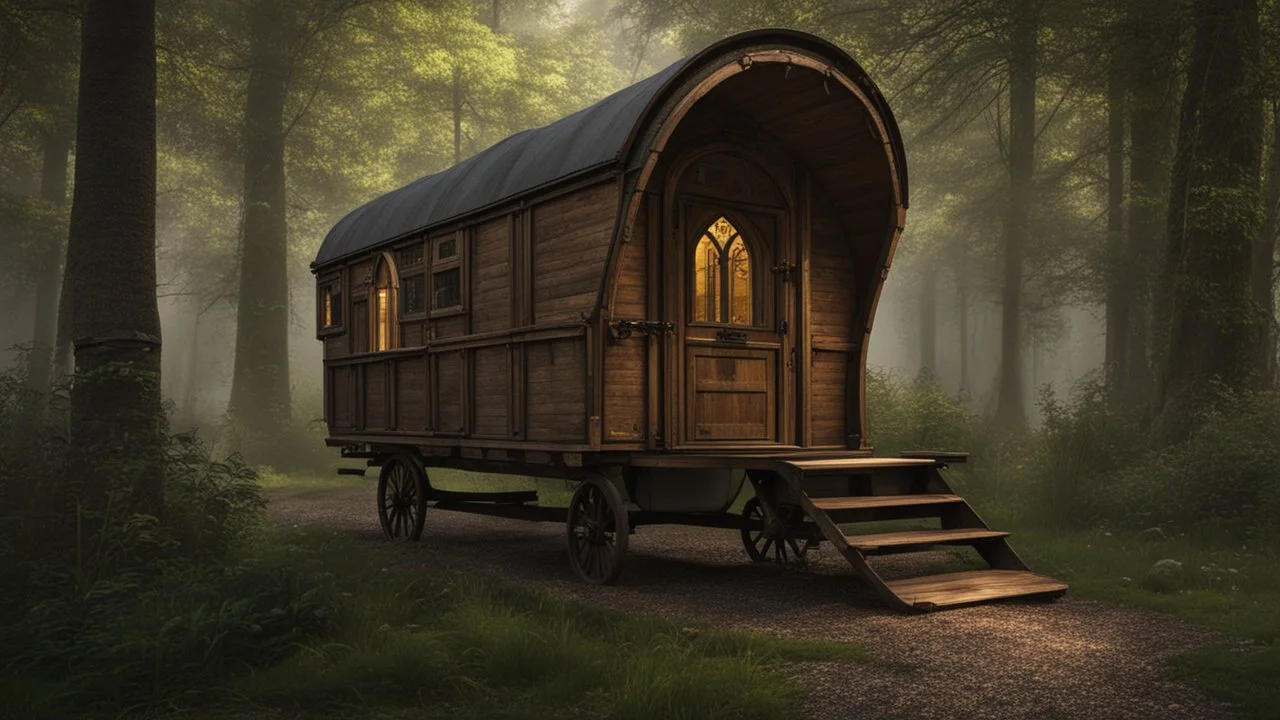 Gothic Two-story, wooden gipsy caravan on a pathway in dense woodland