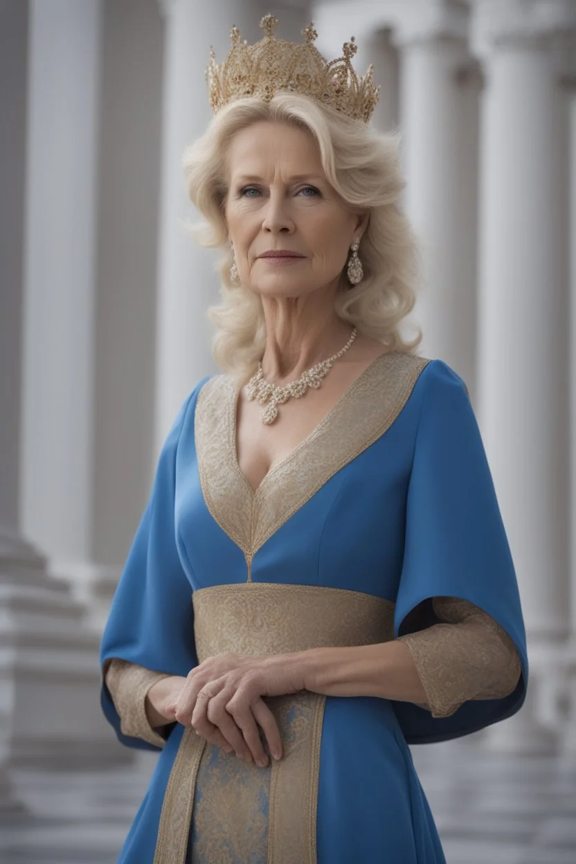 Powerful classical portrait of a traditional blonde queen in her late 50s wearing a blue dress standing in a powerful position a little zoomed out