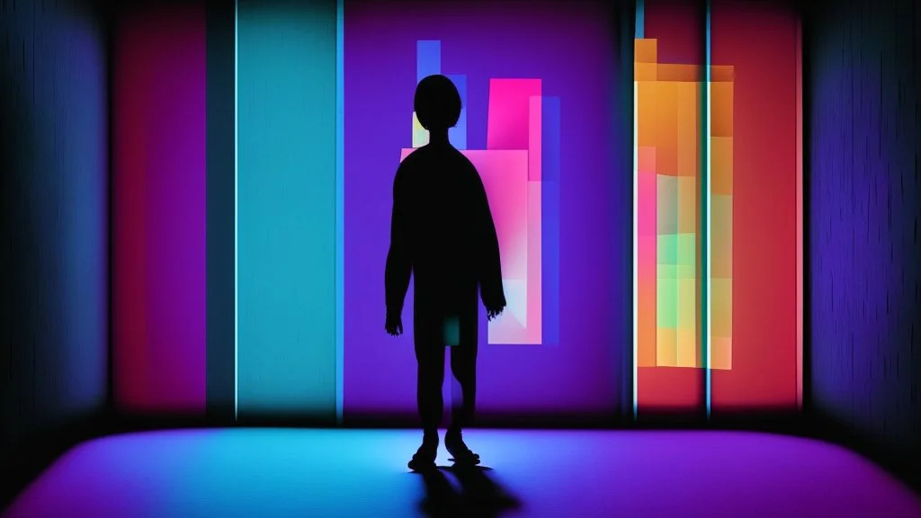 shadow made of different colors of a person looking for information on a large screen