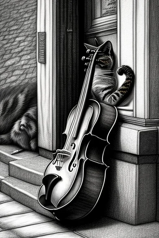 One single mature homeless cat sleeping in a corner on the street, violin case, Vienna, mourning, model style, hyper realistic, extremely accurate, delicate, extremely detailed, Graphic novel style, wide-angle, open aperture, superfine pencil