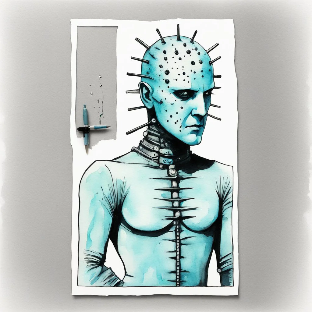 ultra cyberpunk, Pinhead from Hellraiser, cyan-black, watercolor painting by fountain pen, ink drip, minimalist cartooning, Phoenician Art.