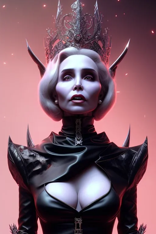 Constance Langdon as evil queen in black leather, leather, busty, cleavage, angry, stern look. character design by cory loftis, fenghua zhong, ryohei hase, ismail inceoglu and ruan jia. unreal engine 5, artistic lighting, highly detailed, photorealistic, fantasy