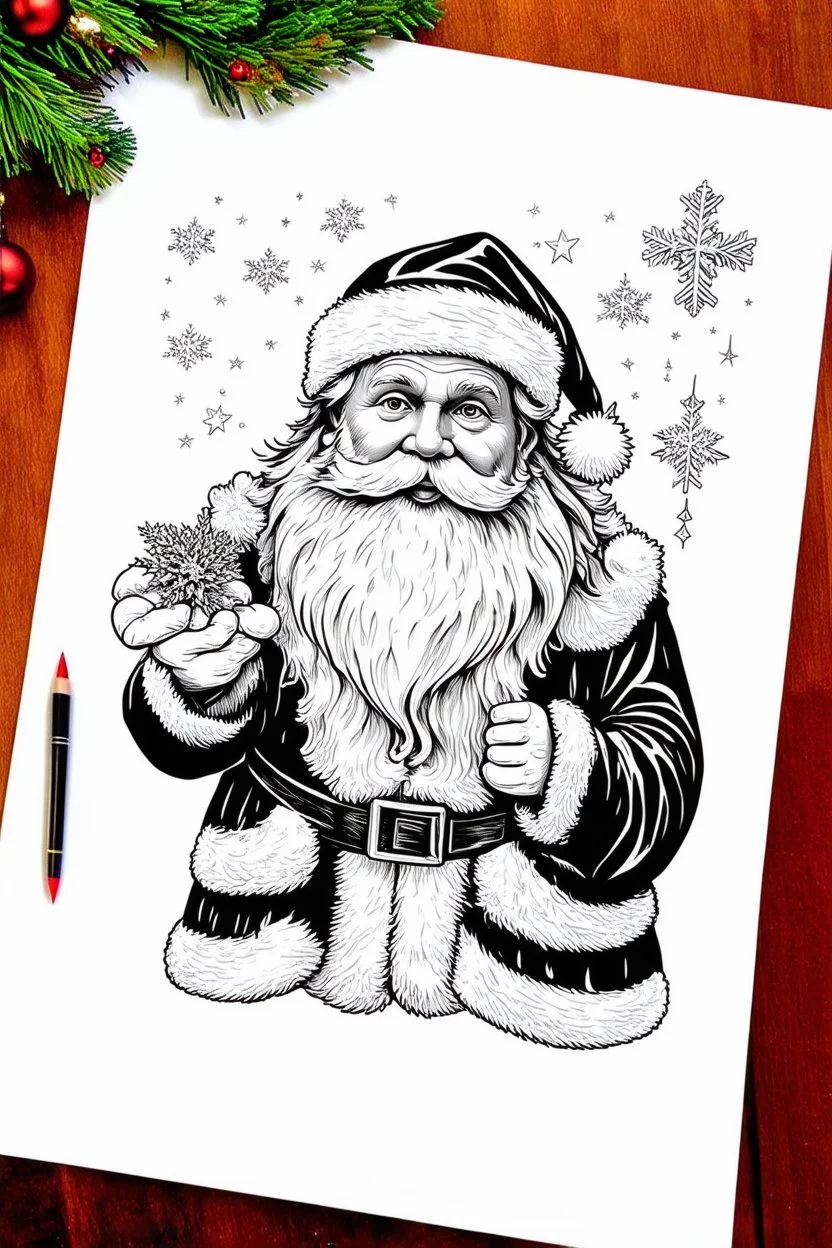 coloring page of a Christmas drawing, A4, white background, black and white, magical style, dreamy, detailed drawing, christmas santa