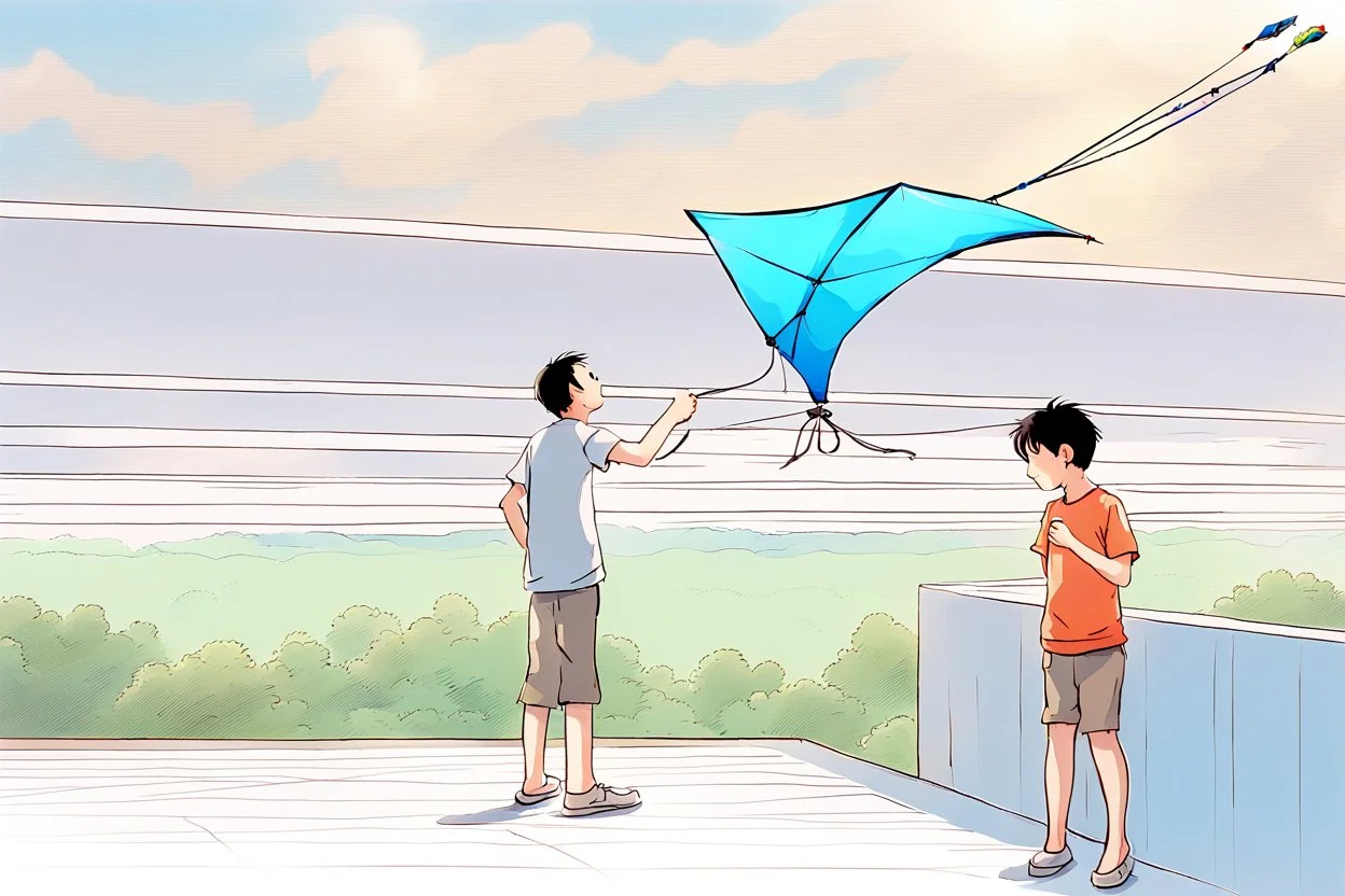 kite started to come down. And, soon it fell down on the terrace of the unknown building. The young son was surprised to see this. He had cut the kite loose of its thread so it can fly higher,