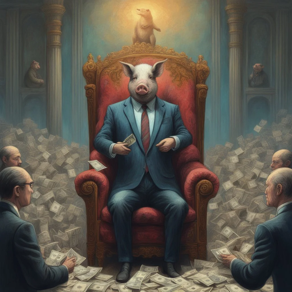 rich pig in suit on a throne making stacks of money by making a deal with a buisnessman. background of musicians. Payday payday. beksinski style. politicians