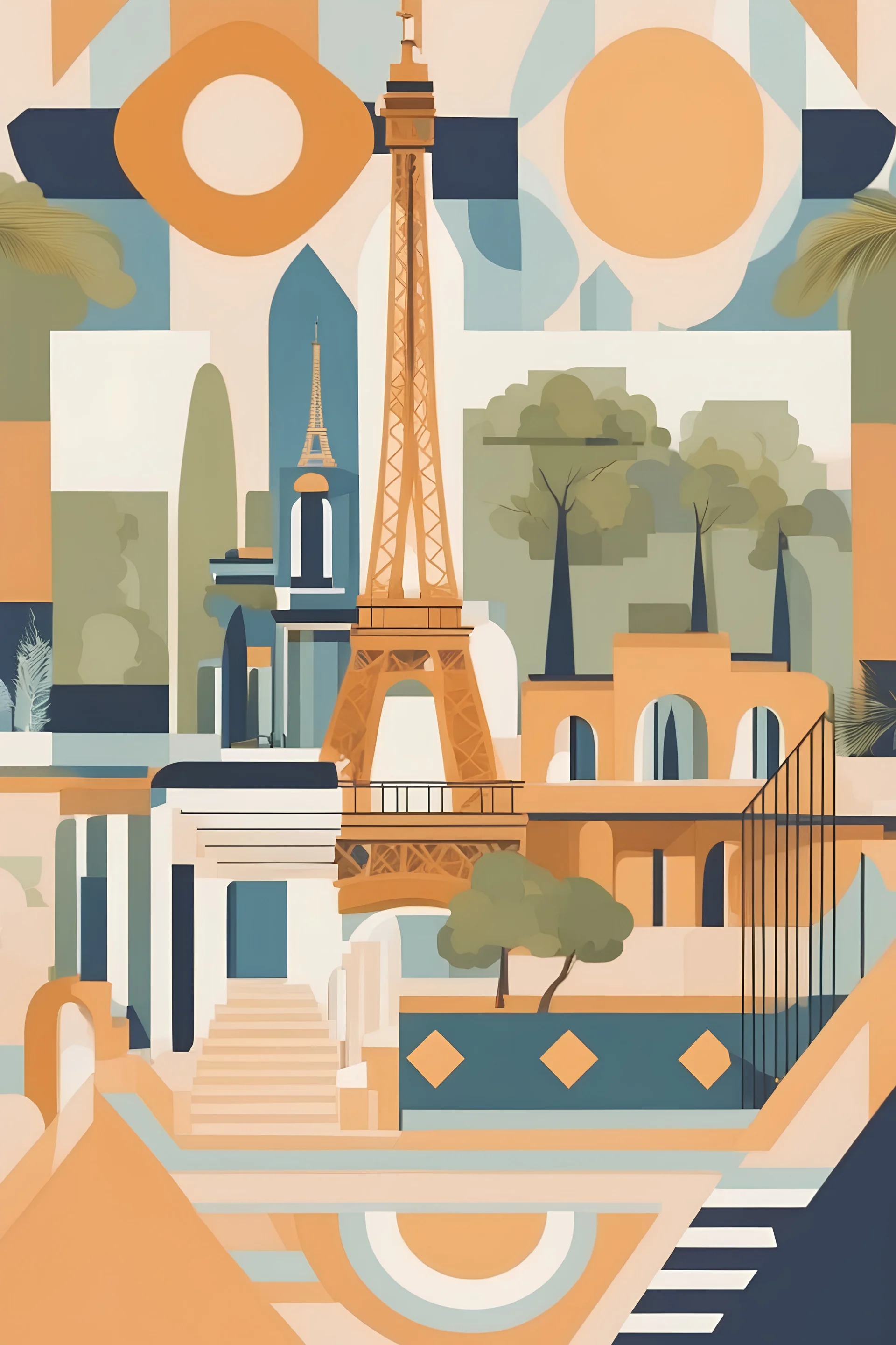 Explore the essence of a Retro Mediterranean Retreat, highlighting the iconic Eiffel Tower through sleek geometric designs and sophisticated color schemes. Delve into the nostalgia of a bygone era and let your creativity flourish.ut