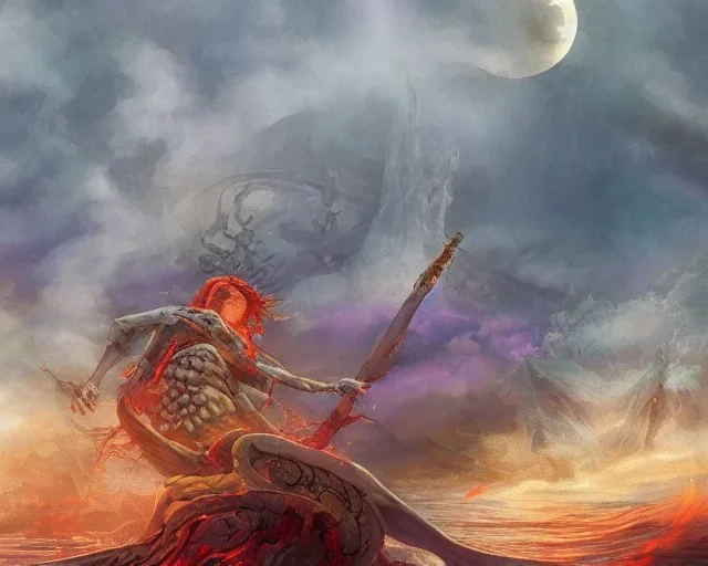 sango fantasy, fantasy magic, intricate, sharp focus, illustration, highly detailed, digital painting, concept art, matte, Greek mythology Charon ferryman, skeleton in full length cape, in boat on river styx, sharp jagged rocks, red purple blue colours, red hot lava river