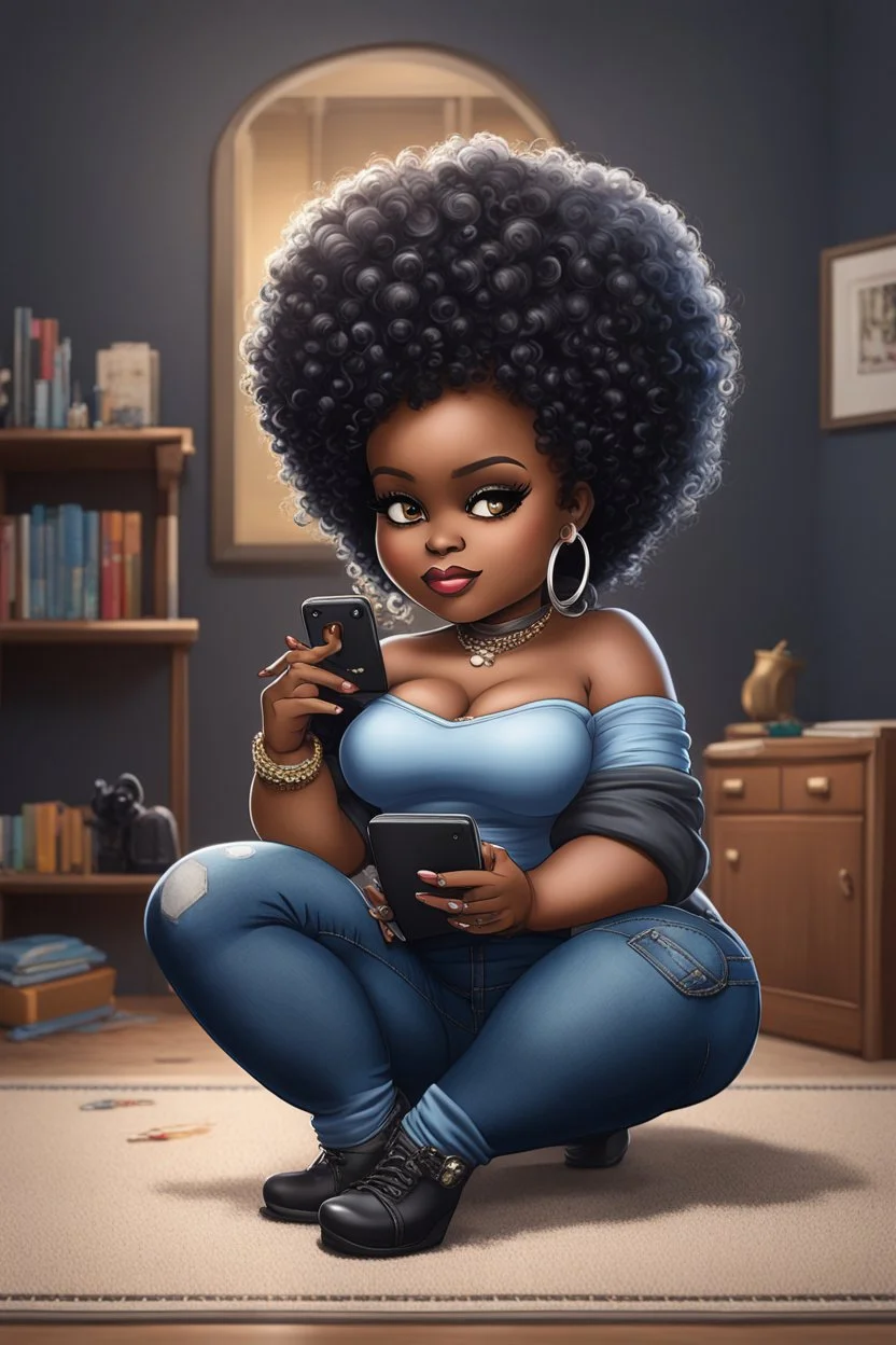 Create a furturism magna art of a black chibi curvy female sitting on the floor looking at her cell phone. She is wearing tight blue jeans and a black off the shoulder blouse. Prominent make up with lush lashes. Highly detailed tight curly afro. She is also wearing silver large hoop earringsart of a black chibi curvy female sitting on the floor looking at her cell phone. She is wearing tight blue jeans and a black off the shoulder blouse. Prominent make up with lush lashes.