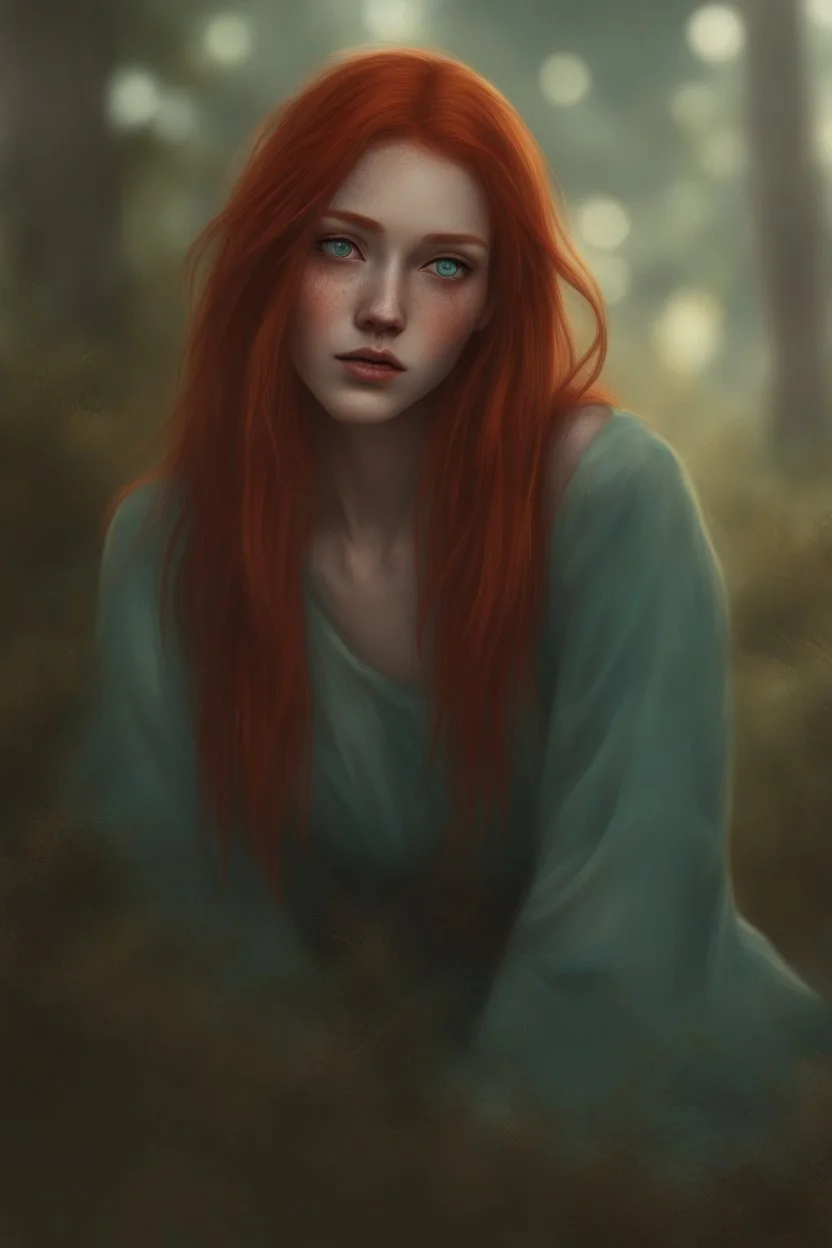 Red haired women portrait, Cottagecore aesthetic, with red straight hair, pale skin, toned legs, (hazel-turquoise eyes), long eyelashes, (naturally soft skin, defined high cheek bones), face details, magic, digital painting, digital illustration, extreme detail, digital art, 4k, ultra hd, hyperrealism, trending on artstation, vintage photography, tumblr aesthetic, DnD fantasy, hd photography, hyperrealism, [light freckles]. White dress with details. Full lips. Her hair is straight without waves