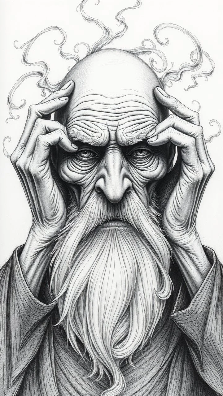 highly detailed graphite illustration, A surreal elderly figure with exaggerated anatomical featured , hands up heavily wrinkled skin, and an intense, contemplative expression. bald head, thick eyebrows, long beard merge into swirling abstract shapes. Large, other gripping the forehead tensely. Mysterious, introspective, dreamlike, somewhat dark fantasy. #𝙙𝙧𝙚art #prompt