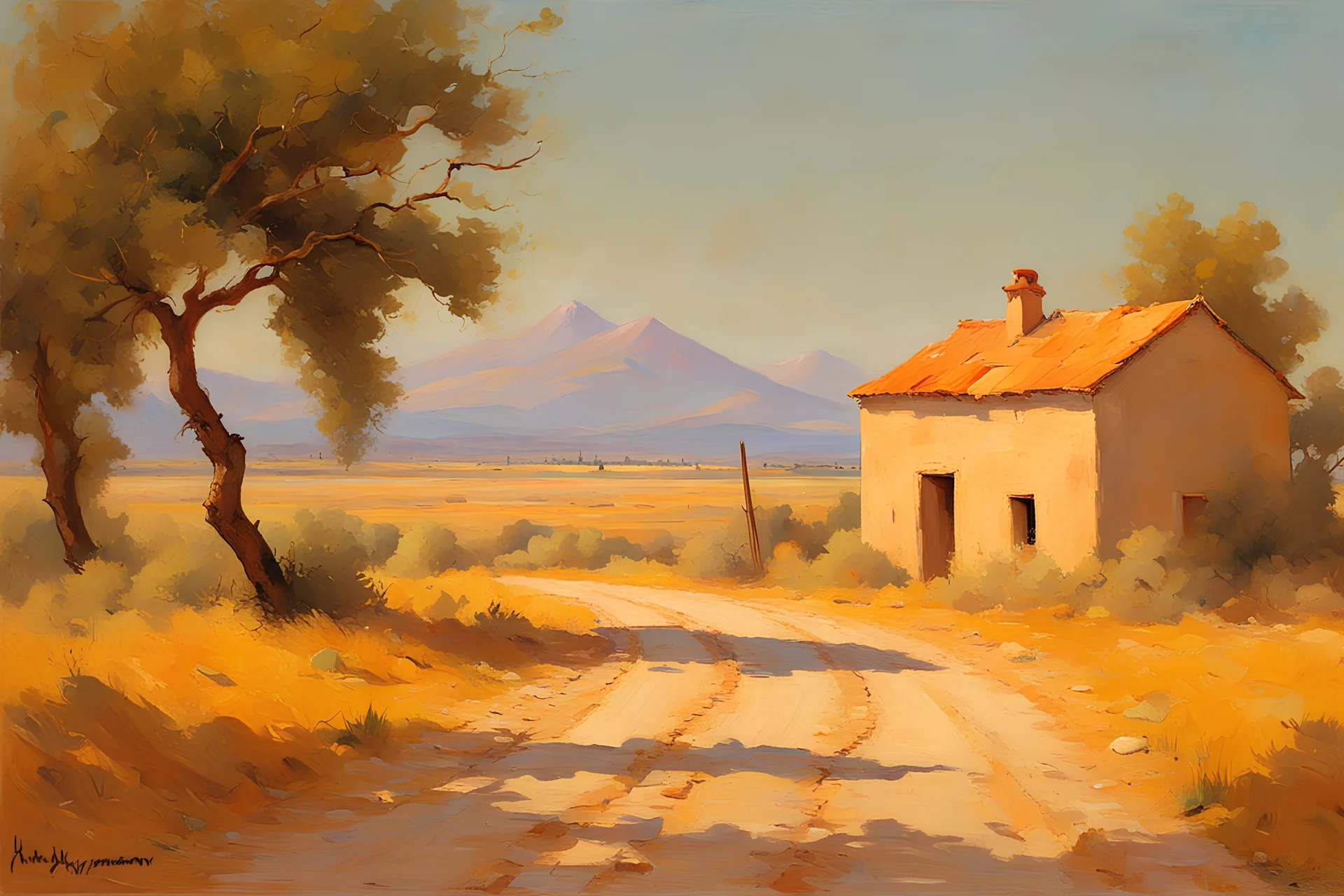 Sunny day, countryside, dirt road, mountains, distant adobe house, trees, rodolphe wytsman and henry luyren impressionism paintings