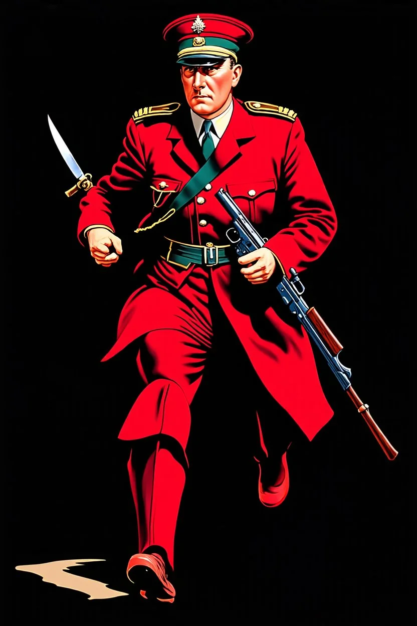 poster of a german soldier(uniform and face based on racist steriotypes) running towards viewer, a knife i one hand, and a gun(barrel pointing at viewer) in the other. retro poster monochrome with white background